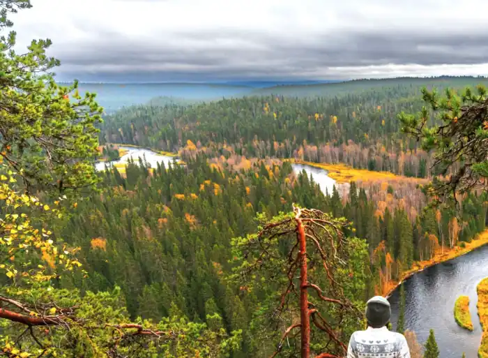 A traveller in a knitted jumper looking out over the autumn forests and winding river of Finnish Lapland